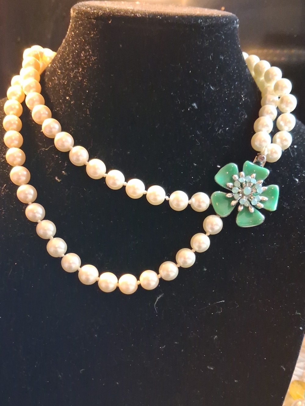 Classic Faux Pearl Double Strand Necklace with Green Flower Accent